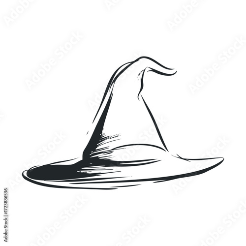 Sketch of a classic pointed witch hat with a wide brim.