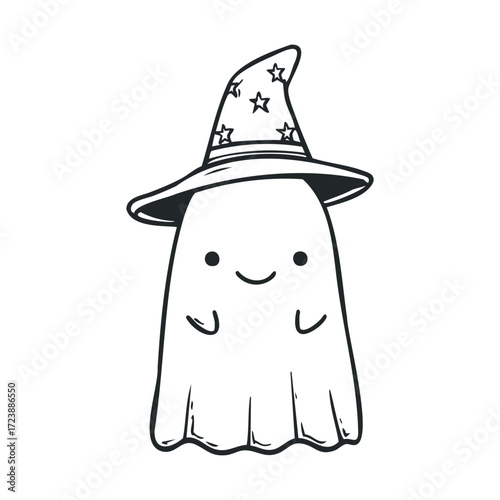 Simple drawing of a cute ghost wearing a pointed witch hat.