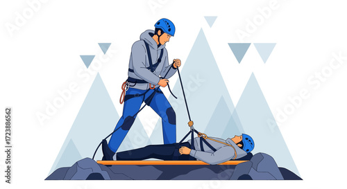 Mountain rescue operation showcasing teamwork and safety in a rugged environment illustrating