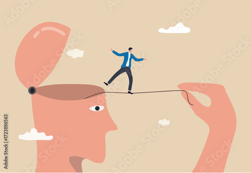 Challenge yourself, adversity or motivate self to overcome difficulty, practice or self development to be success concept, man pull the rope and let himself acrobat walk to achieve target.