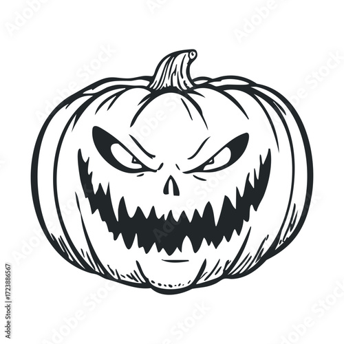 Black and white drawing of a menacing, carved pumpkin face.