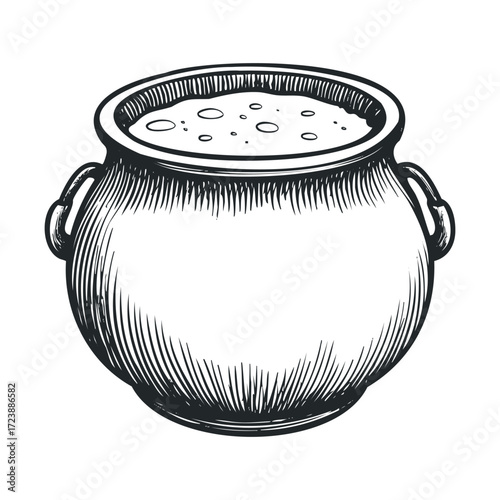 A hand-drawn sketch of a round cauldron filled with liquid.
