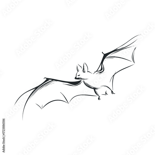 Minimalist sketch of a flying bat with wispy, flowing lines.