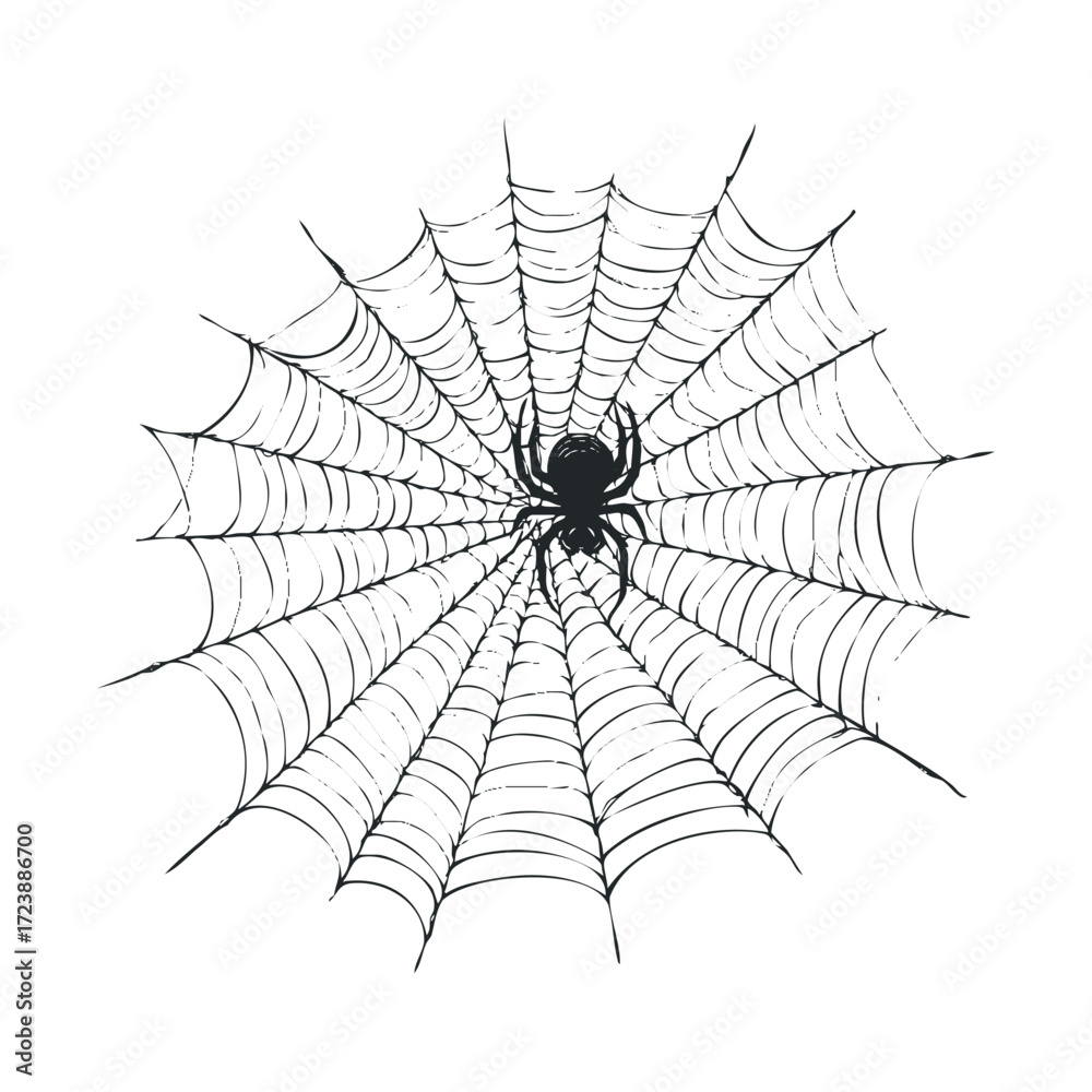Fototapeta premium Ink drawing of a spooky spider centered on a circular web.