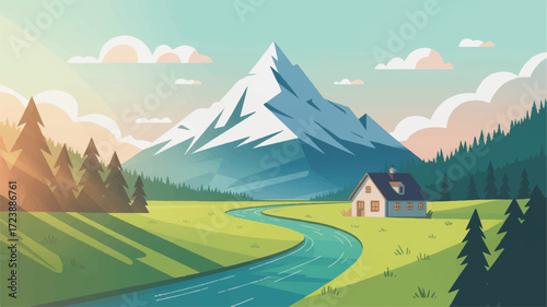Vector art of serene mountain landscape with a winding river and a cozy house