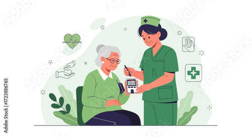 Nurse checking blood pressure of senior woman during a medical examination in hospital health well