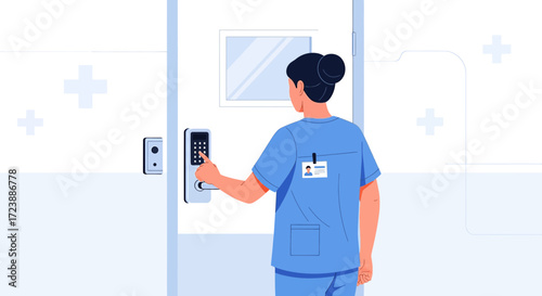 Nurse using digital lock at hospital entering code for secure access point control