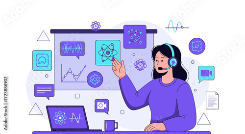 Online science education presentation, with female instructor explaining atom structure design