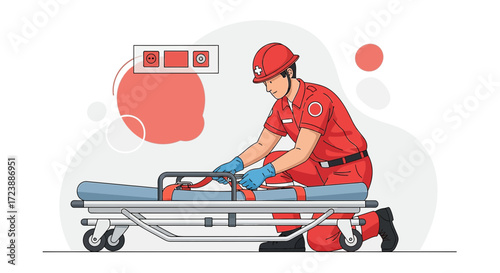Paramedic checking equipment for patient transport in an emergency situation for medical assistance