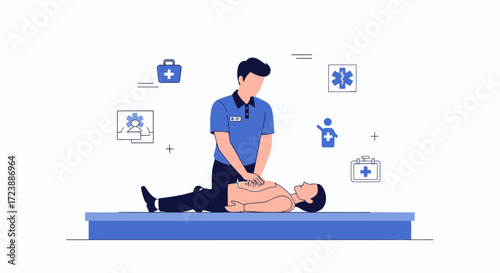 Paramedic performing CPR on a patient first aid emergency medical assistance life saving support