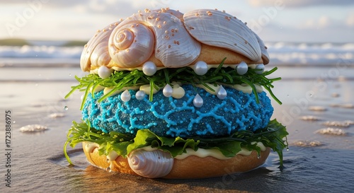 Wallpaper Mural Whimsical ocean-themed burger adorned with shells and pearls on a sandy beach shore Torontodigital.ca