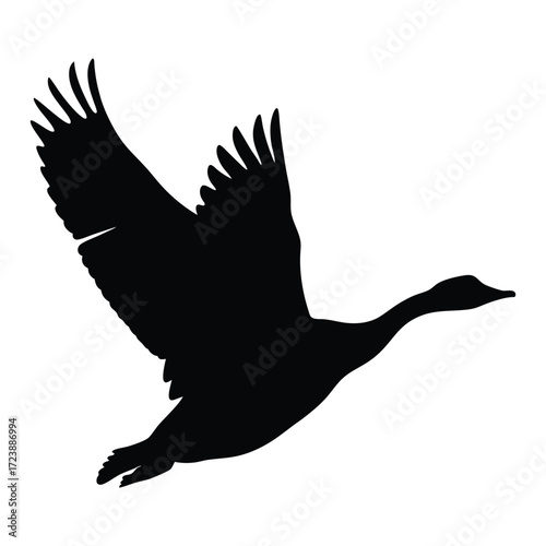 Flying goose silhouette vector illustration of waterfowl bird in flight for wildlife design and art