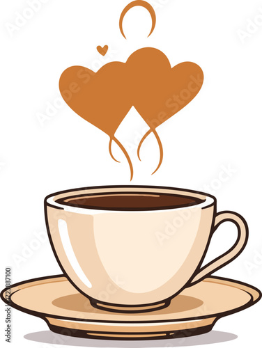 Stylized coffee cup with heart-shaped steam and swirl above, on saucer in warm brown tones for romantic cozy atmosphere