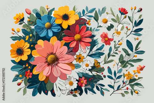 A colorful seamless pattern of a floral bouquet with spring flowers and leaves