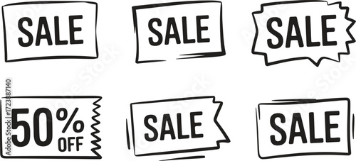 Hand drawn sale tags and discount labels for retail and marketing