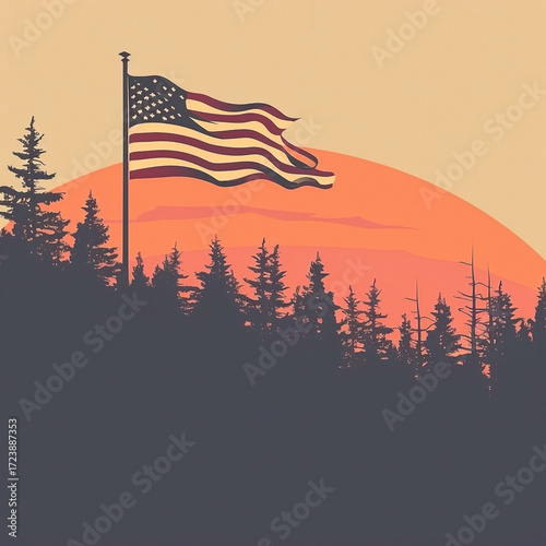 American pride displayed through a sunset silhouette of waving flag and trees landscape