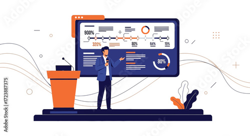 Professional presentation with business metrics and engaging speaker on stage delivering a speech
