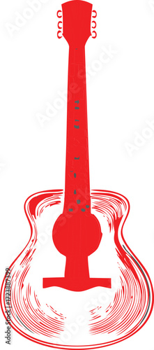 Red acoustic guitar silhouette with abstract watercolor paint brush stroke effect, representing musical passion and artistic expression in a vibrant, bold design