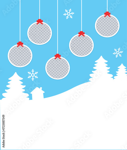 Christmas round Photo frames composition. Blue vertical template with 5 photos with Christmas balls, trees, house and snowflakes. Vector Holiday Mockup, collage, card, poster, background. EPS10.