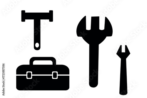 Silhouette Hand Tools Set and Engineering and Construction Tools Logo, Wrench, Hammer, Gear, Toolbox