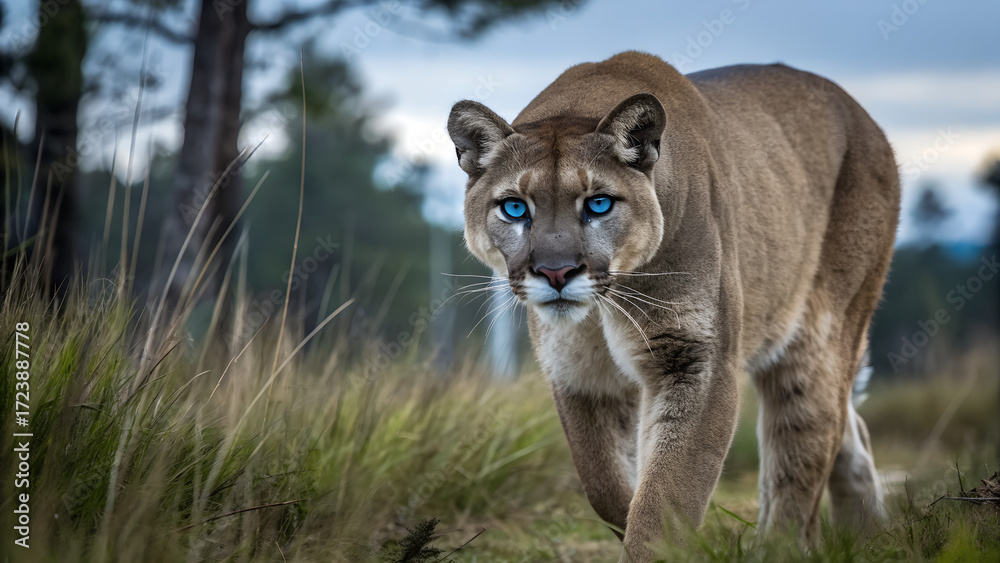 Obraz premium Photo of a cougar with blue eyes walking through tall grass in a forest clearing