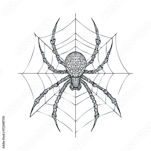 Detailed drawing of a scary spider centered on its cobweb.