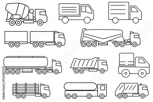 Truck icons. Truck icon vector set. Line drawing. line icons of trucks isolated on white background. Trailer, dumper, garbage truck, transportation truck, concrete mixer. Vector illustration. 