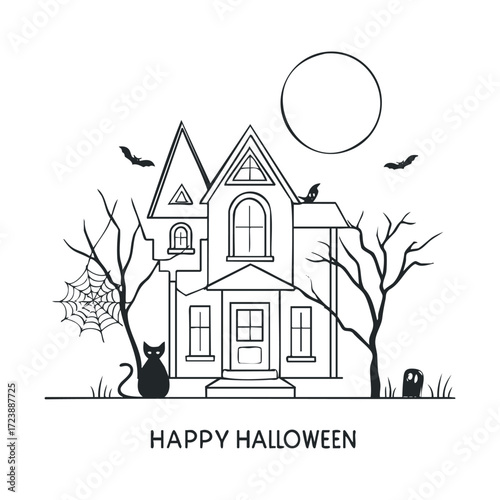 Outline drawing of a spooky old house with Halloween characters.