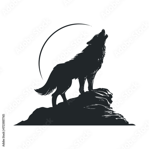 Silhouette of a wolf howling at the moon on a rock.