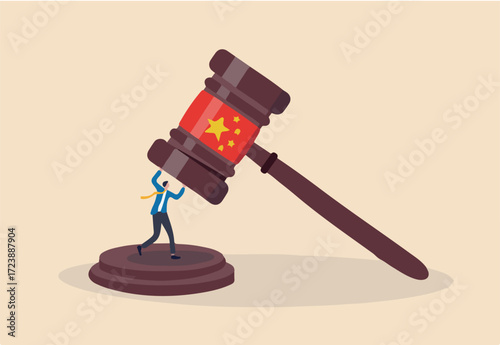 China government regulations to manipulate or control company with new rules concept, businessman business owner or investor try to survive from big gavel hammer with Chinese flag.