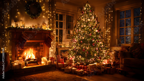 Cozy Christmas Eve with a Warm Fireplace and Sparkling Tree