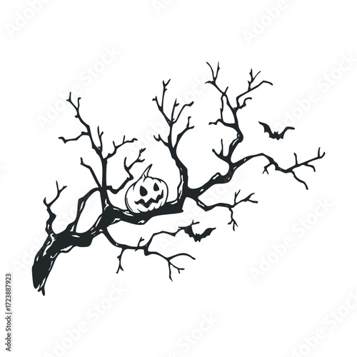 Spooky drawing of a pumpkin on a dead branch with bats.  
