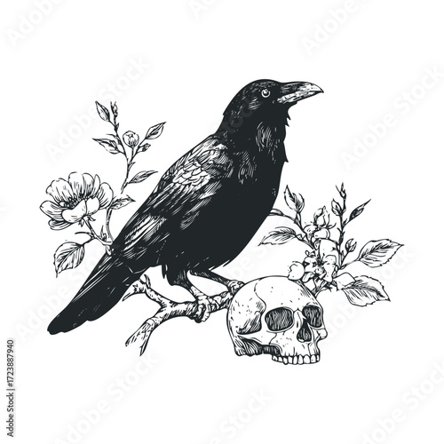 Crow sitting on a skull with flowers