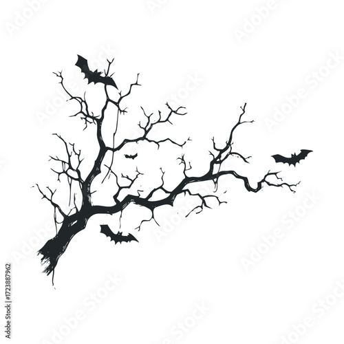 Silhouette of dead tree branches with flying bats.