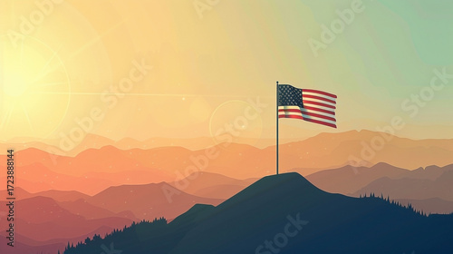 United States flag waving proudly atop a mountain peak at sunrise digital art