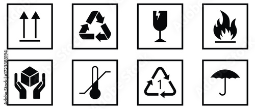 Shipping and handing icon set. Packaging icon symbols set on white background. Handle with care logistics and delivery shipping labels. Package and cargo icons. Vector illustration.