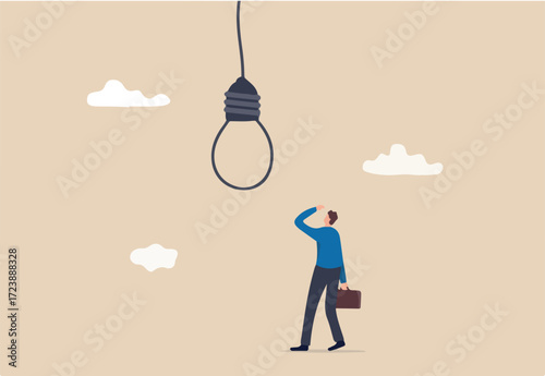 Business risk or challenge, mistake or failure, bad and stupid idea or self sabotage, business trap and pitfall concept, doubtful businessman looking at lightbulb idea thinking it look like noose trap