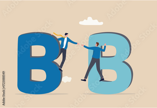 B2B business to business commerce, enterprise deal between corporate, supply chain or company buy, sell purchasing with credit concept, businessman sales company owner shaking hand on alphabets B