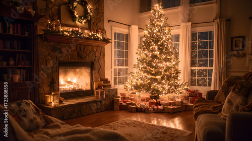 Warm and inviting holiday home interior with glowing Christmas tree crackling fireplace and festive gifts
