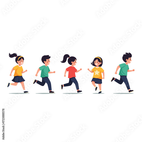 A group of diverse children happily running together outdoors in a lively scene.