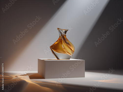 Elegant Amber Swirl Glass Sculpture Bathed in Dramatic Spotlight