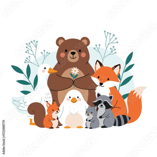 A heartwarming gathering of woodland creatures in a serene forest setting.