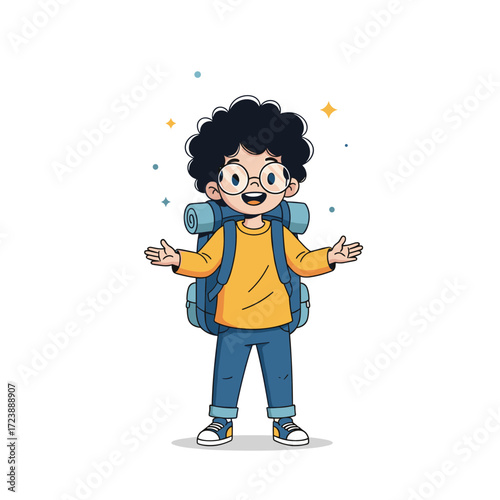 A happy young adventurer with a backpack ready for a journey.