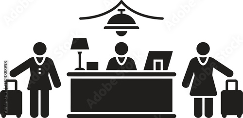 Hotel reception desk with guests and luggage icons