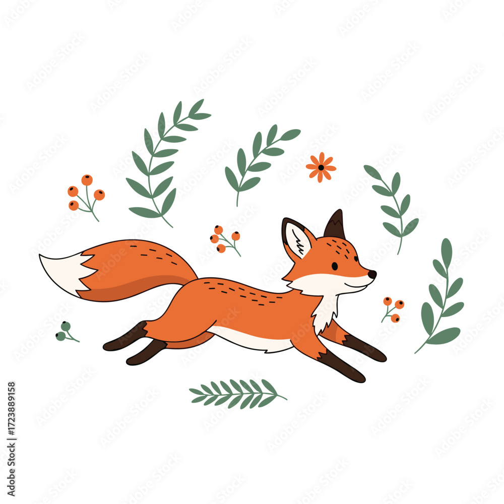 Naklejka premium A cute cartoon fox running through the forest with leaves and berries.