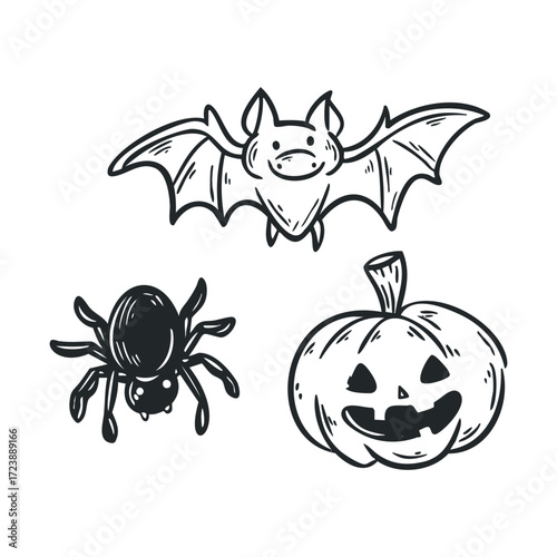 Cute bat, spider, and pumpkin doodle sketches
