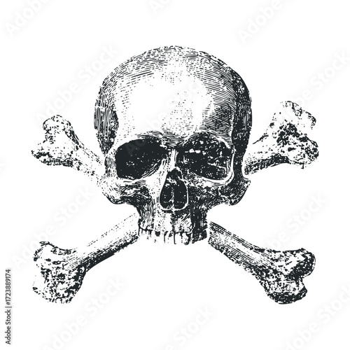 Distressed black and white skull and crossbones