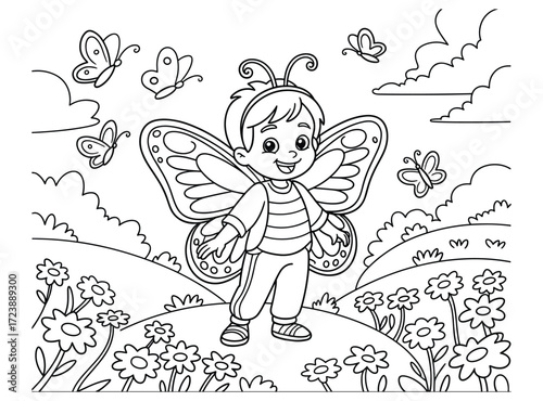 Whimsical black and white illustration of a happy boy with butterfly wings, surrounded by flying butterflies and blooming flowers, perfect for coloring fun