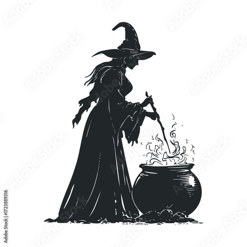 Black silhouette of a witch stirring a smoking cauldron.  
