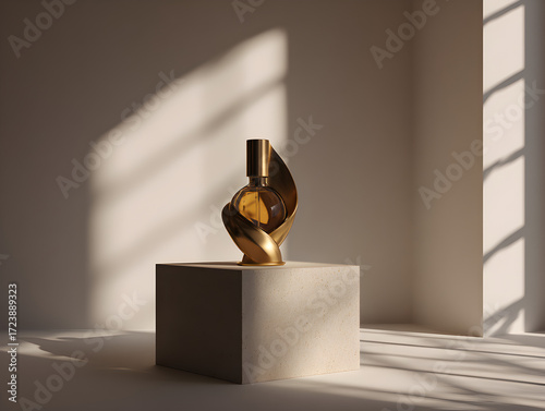 Luxurious fragrance bottle with elegant gold design on a stone plinth in sunlit room